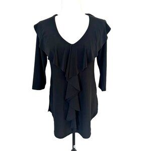 SYMPLI Tunic Blouse Top Size 4 Black 3/4 Sleeves Ruffle Neckline Front Stretch